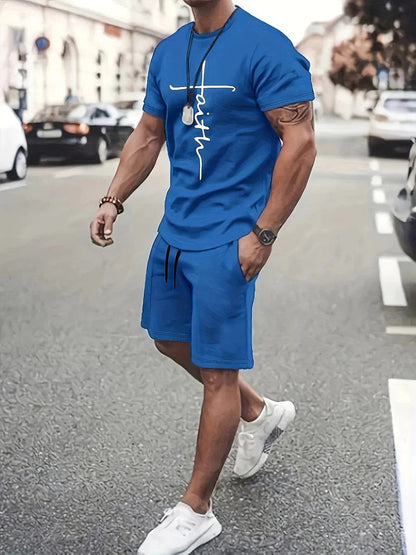 Men's cotton t-shirt and shorts summer set in royal blue