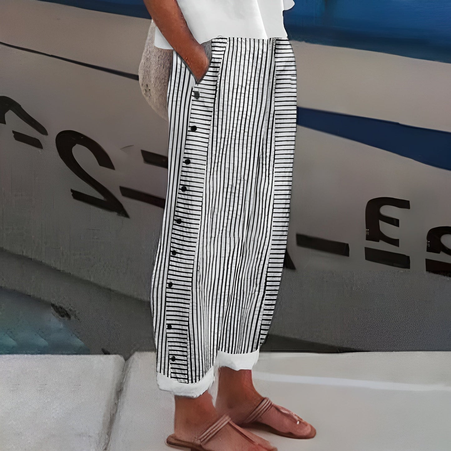 Striped Trousers | Cotton Button-Panel Summer Pants