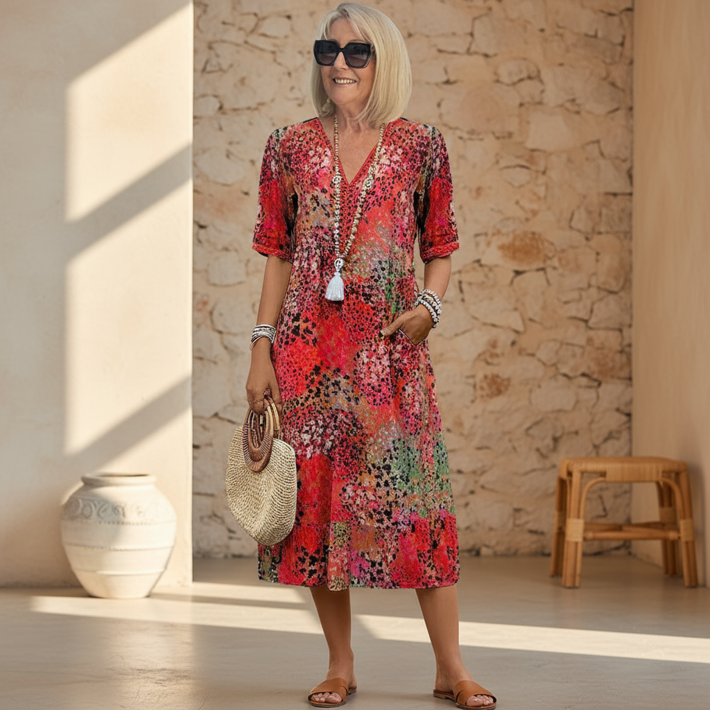 Midi Dress | Vibrant Print Flowing Midi Dress