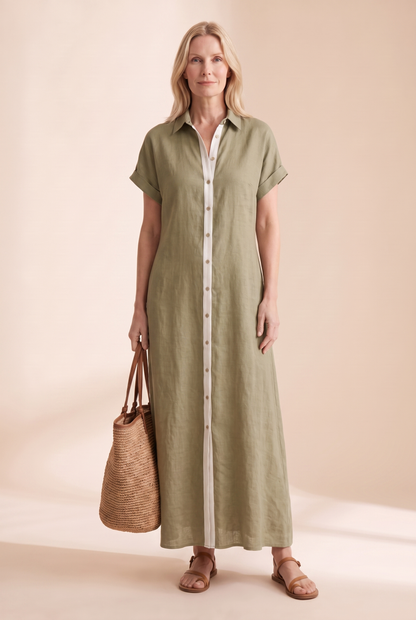 Women's linen-blend button-front shirt maxi dress in greige