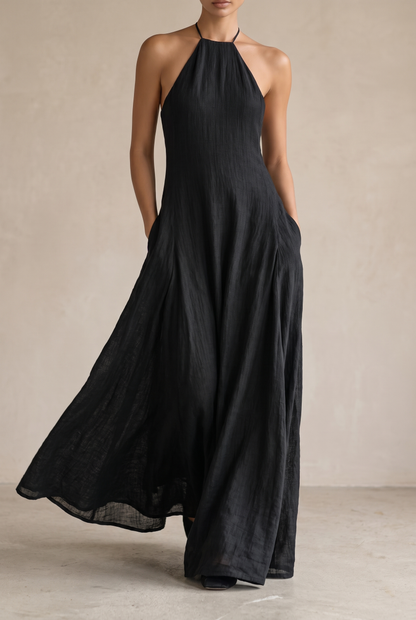 Women's black linen-blend halter maxi dress