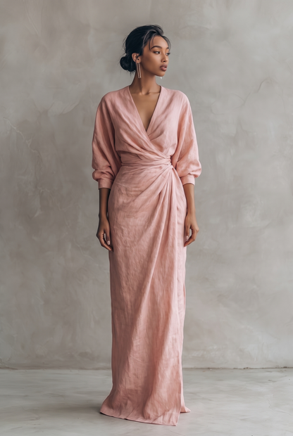 Women's linen-blend V-neck maxi dress in pink