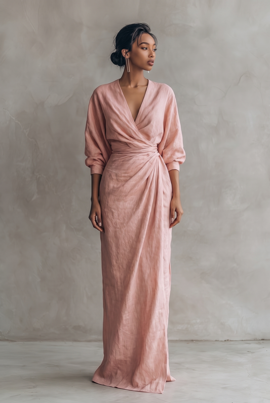 Women's linen-blend V-neck maxi dress in pink