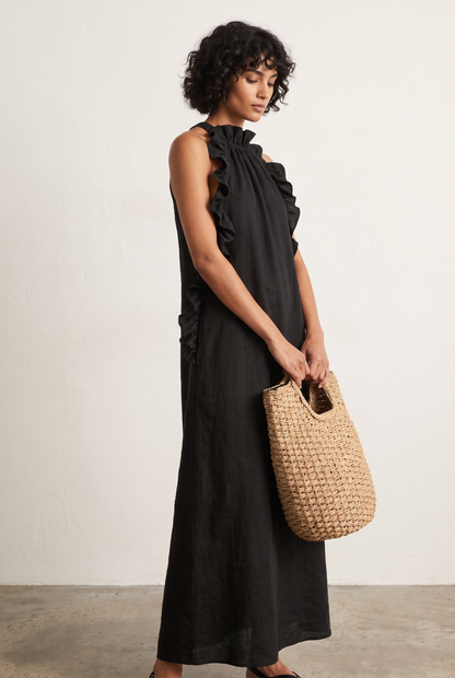 Women's linen-blend ruffle sleeveless maxi dress in black
