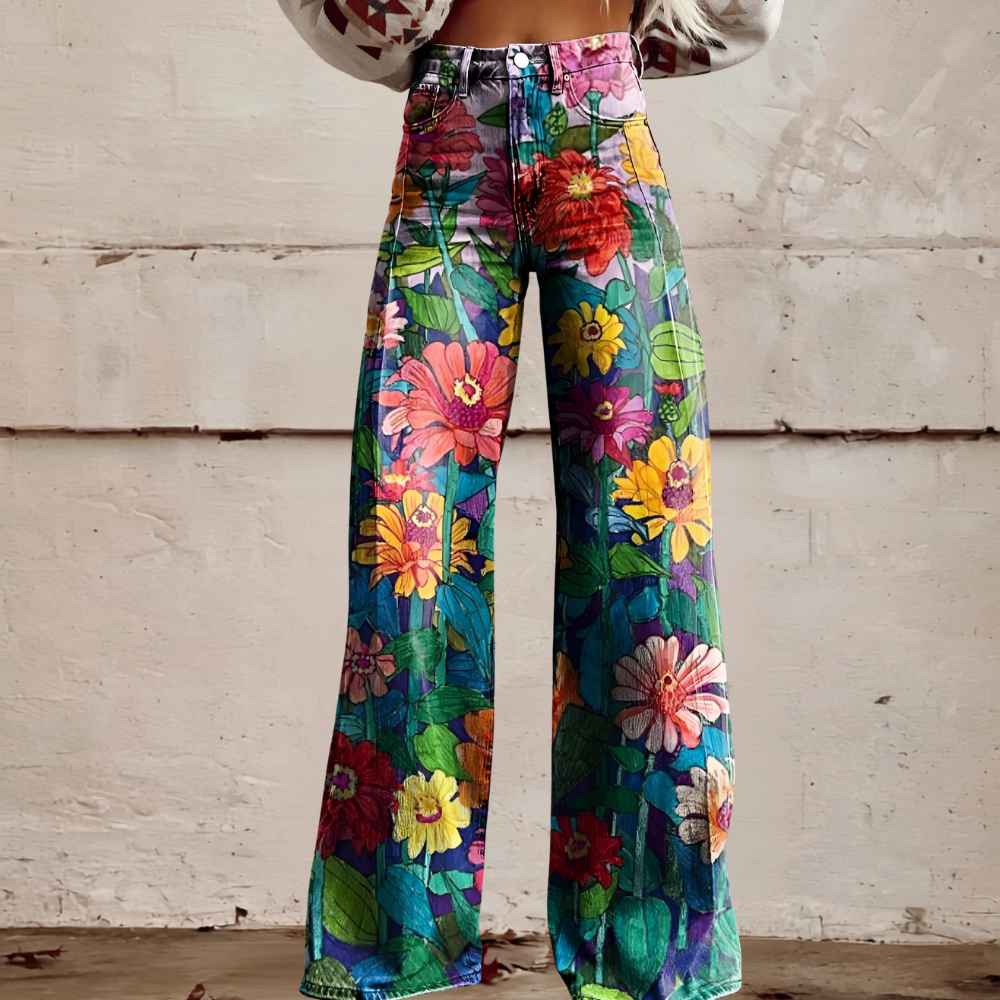 High Waist Wide Leg Jeans | Bold Floral Denim