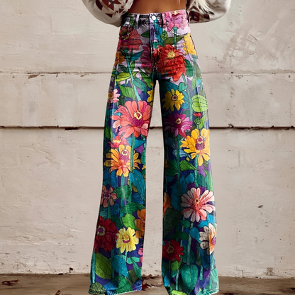 High Waist Wide Leg Jeans | Bold Floral Denim