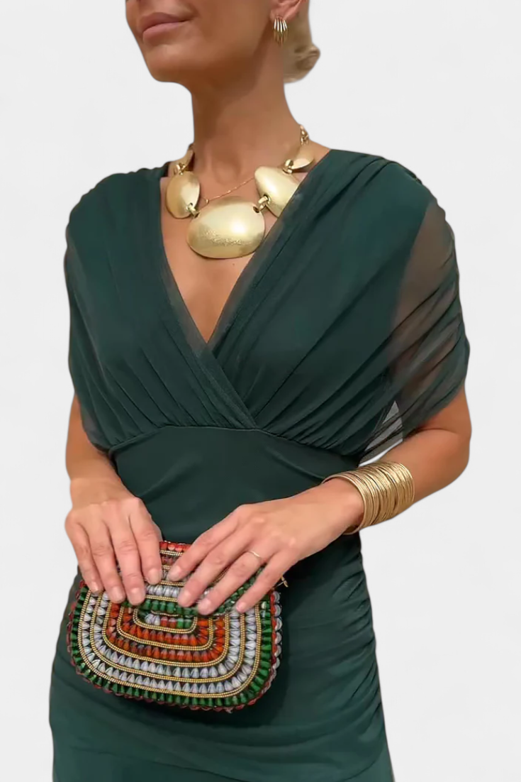 Maxi Dress | Ruched V-Neck Flowing Maxi Dress