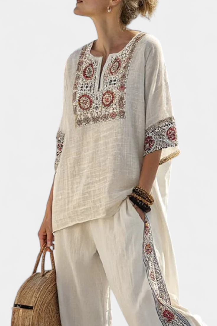 Linen Set | Embroidered Blouse & Wide Trousers