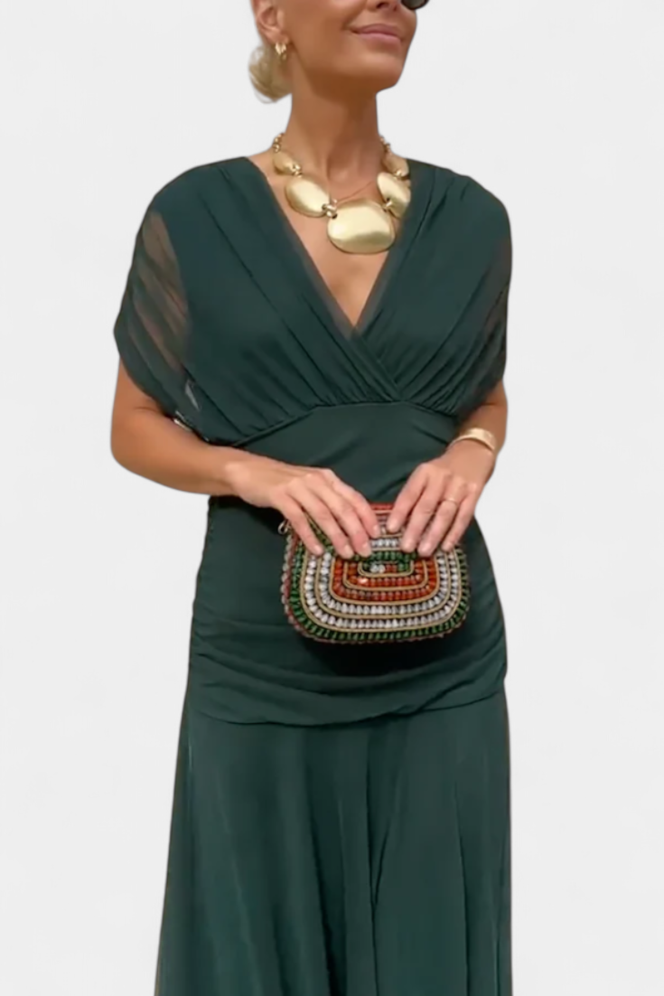 Maxi Dress | Ruched V-Neck Flowing Maxi Dress