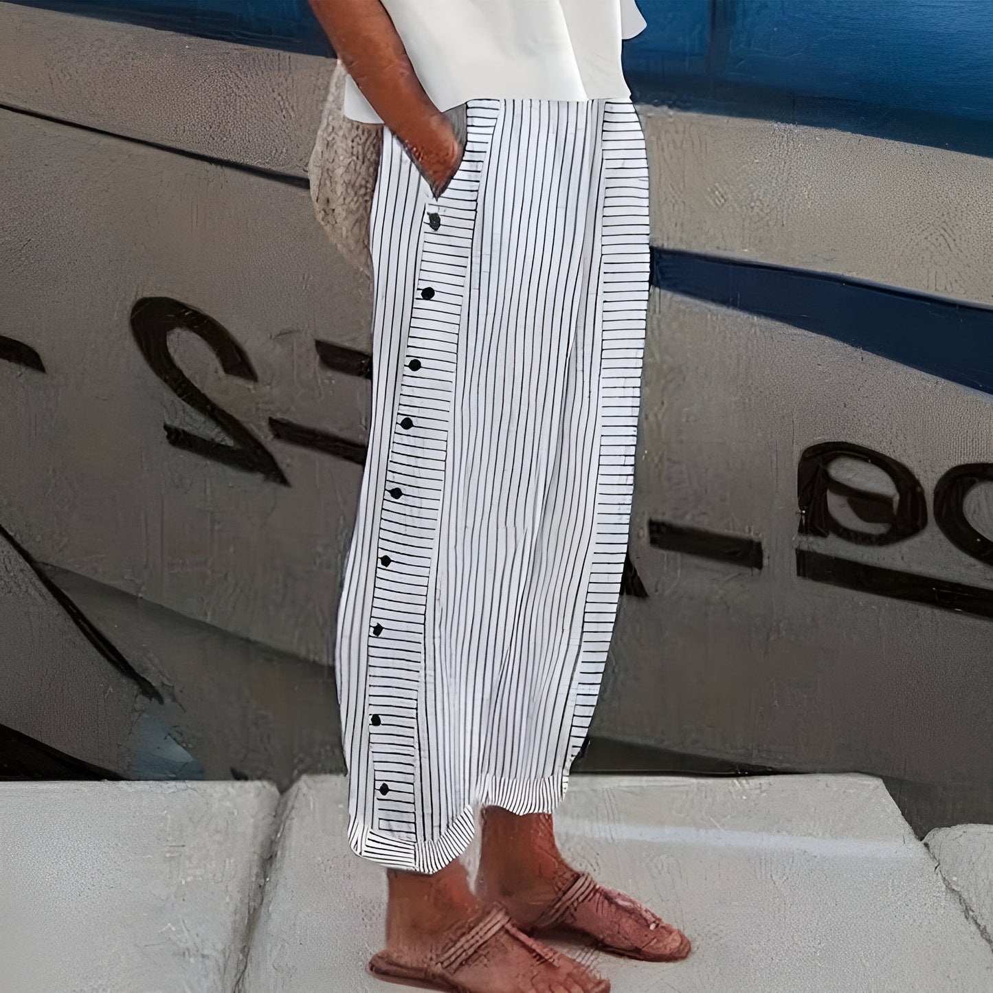 Striped Trousers | Cotton Button-Panel Summer Pants