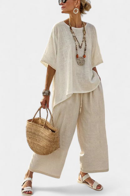 Women's linen minimalist blouse and wide-leg trousers set