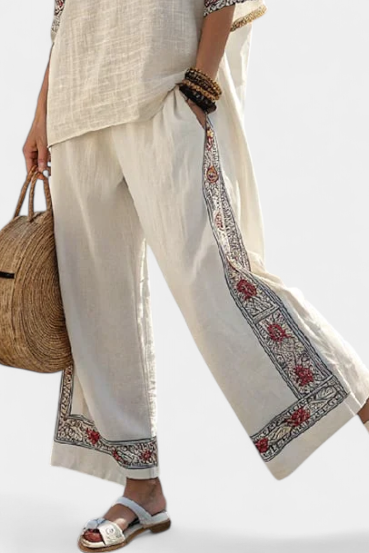 Linen Set | Embroidered Blouse & Wide Trousers