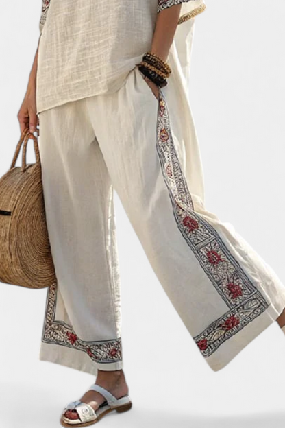 Linen Set | Embroidered Blouse & Wide Trousers