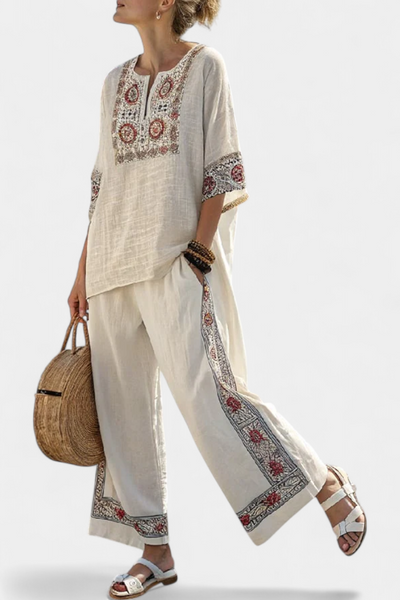 Linen Set | Embroidered Blouse & Wide Trousers