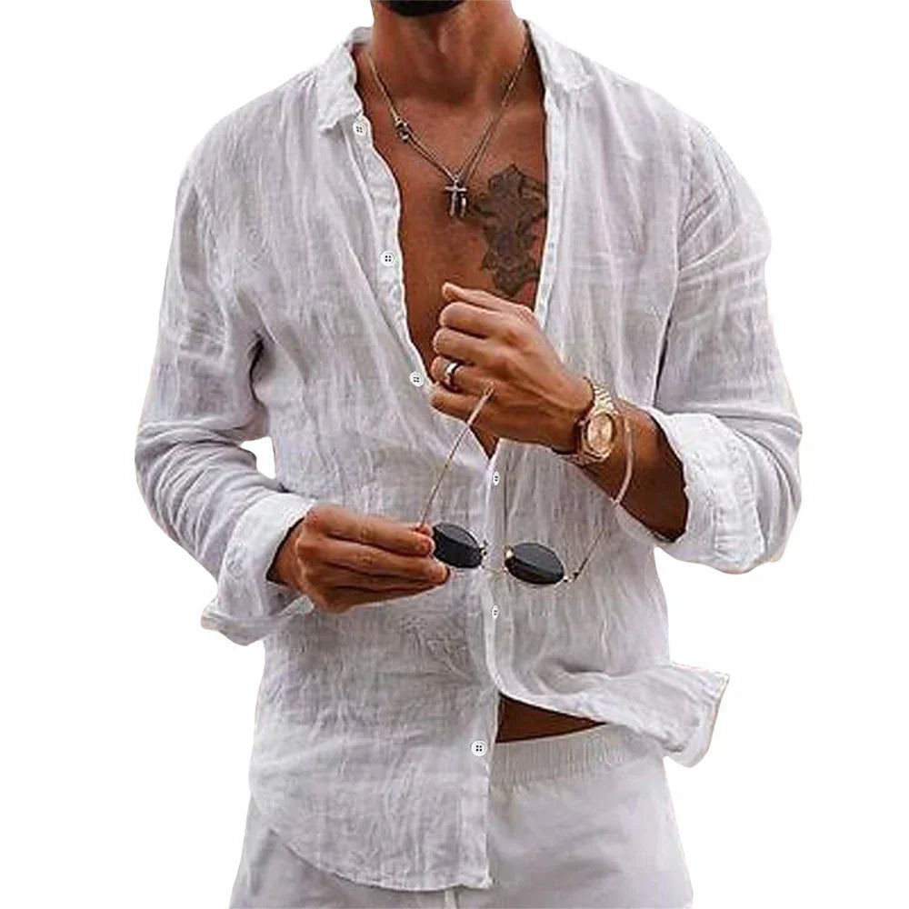 Men's relaxed button-up linen shirt in white