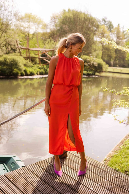 Women's Dress | High-Neck Side-Slit Midi Dress