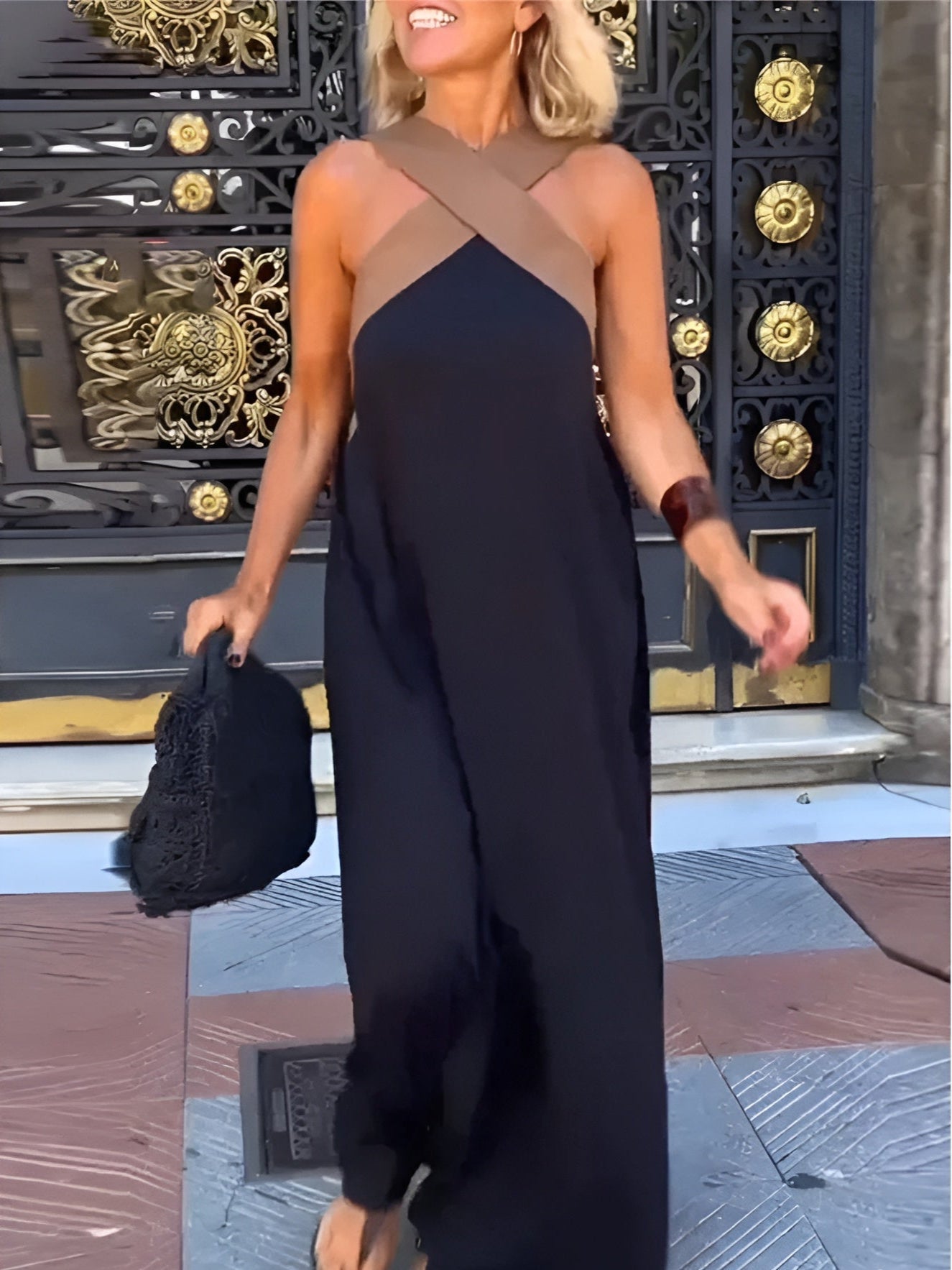 Women's crossover V-neck linen maxi dress