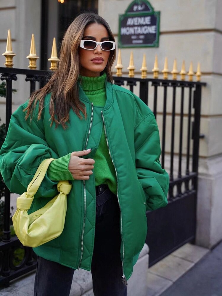 Women's oversized textured bomber jacket in green