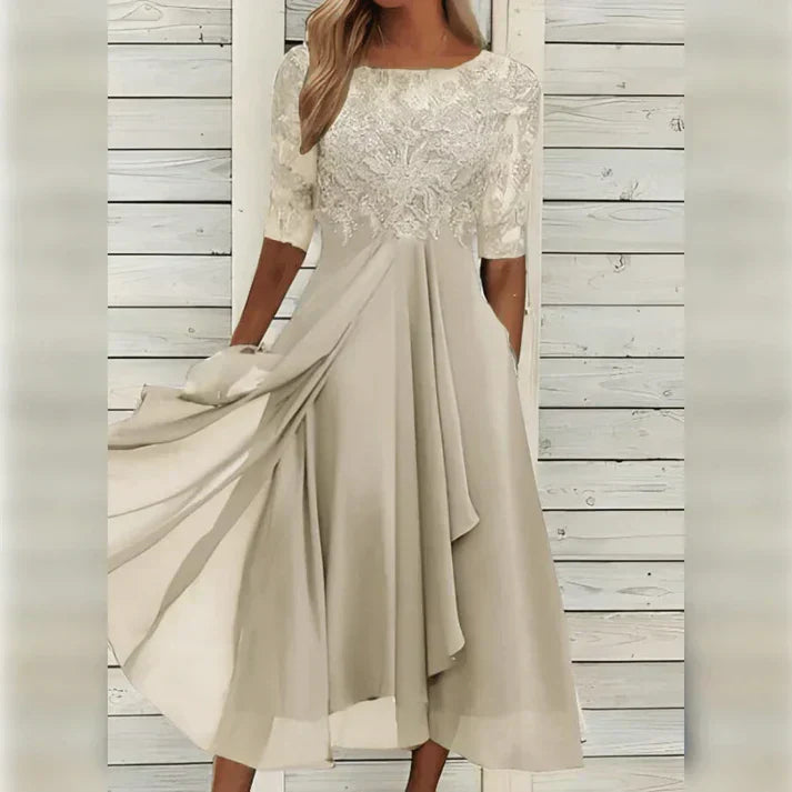 Women's lace tea-length cocktail dress in white