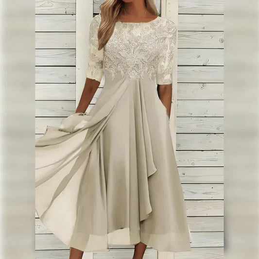 Women's lace tea-length cocktail dress in white
