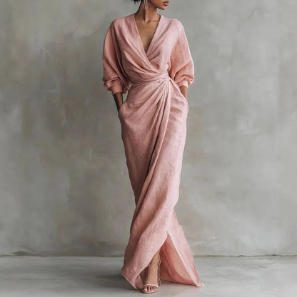 Women's wrap maxi dress with side slit in pink