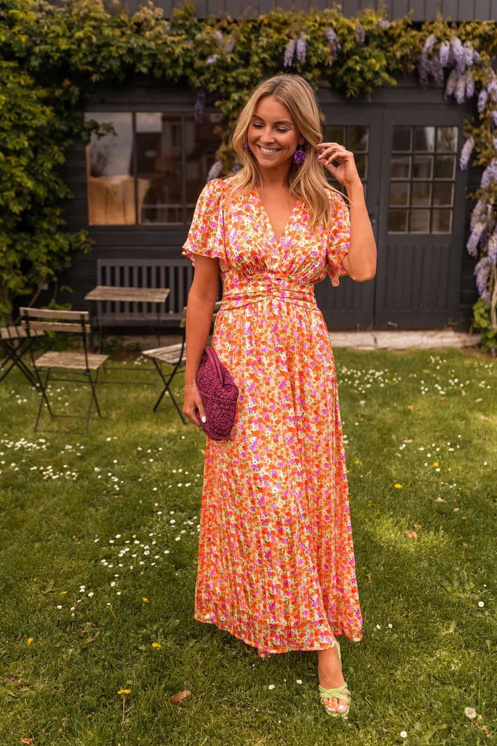 Women's floral V-neck summer dress in orange
