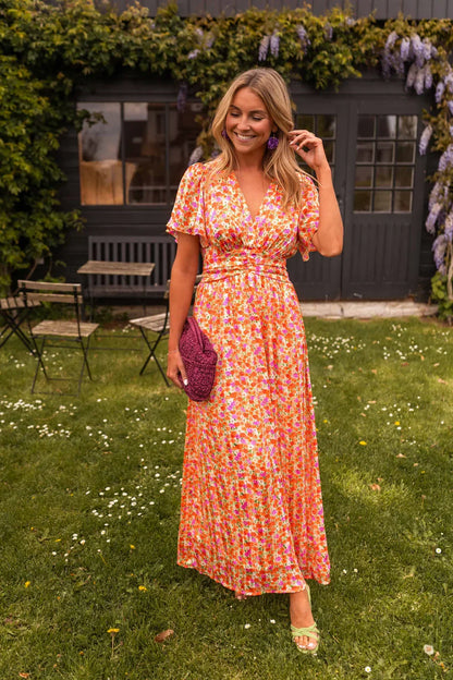 Women's floral V-neck summer dress in orange