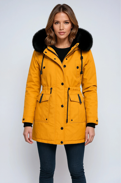 Women's parka coat with faux fur hood and cinched waist winter jacket