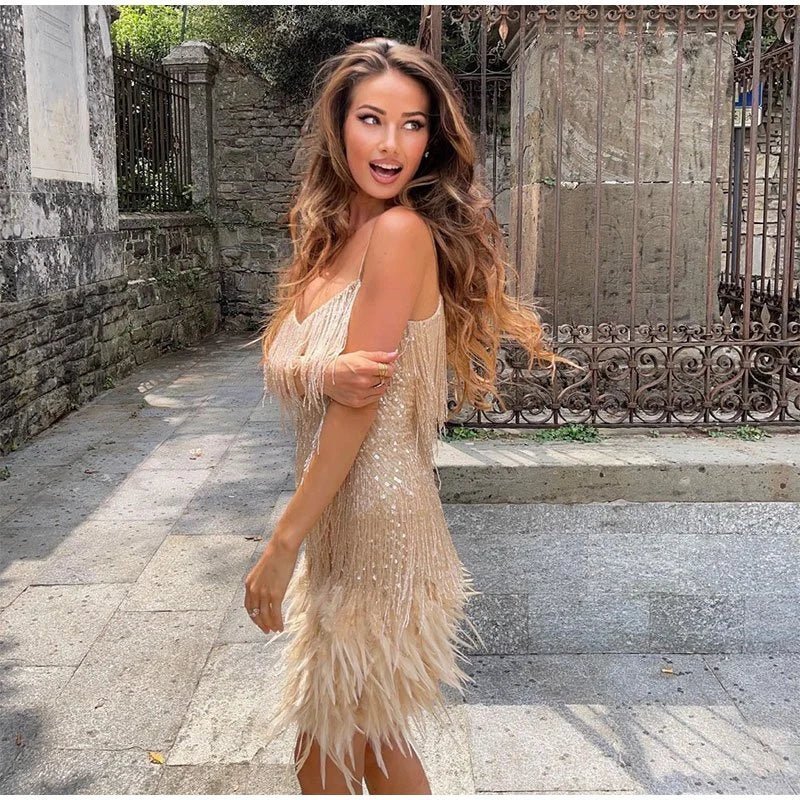 Women's Dress | Sequin Feather-Hem Cocktail Dress