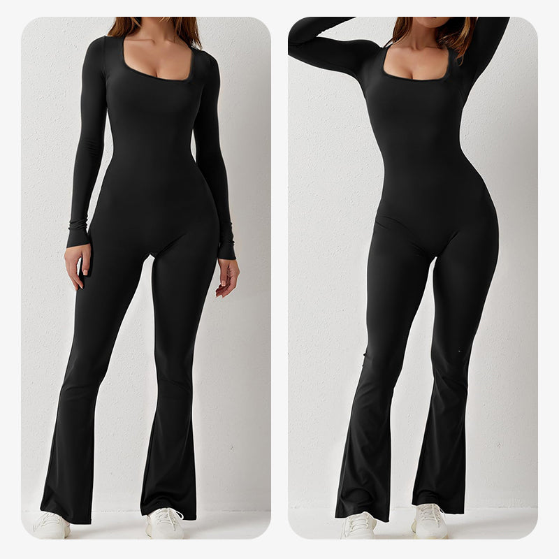 Linen Jumpsuit | Square Neck Long Sleeve Wide Leg