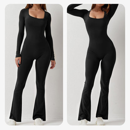 Linen Jumpsuit | Square Neck Long Sleeve Wide Leg