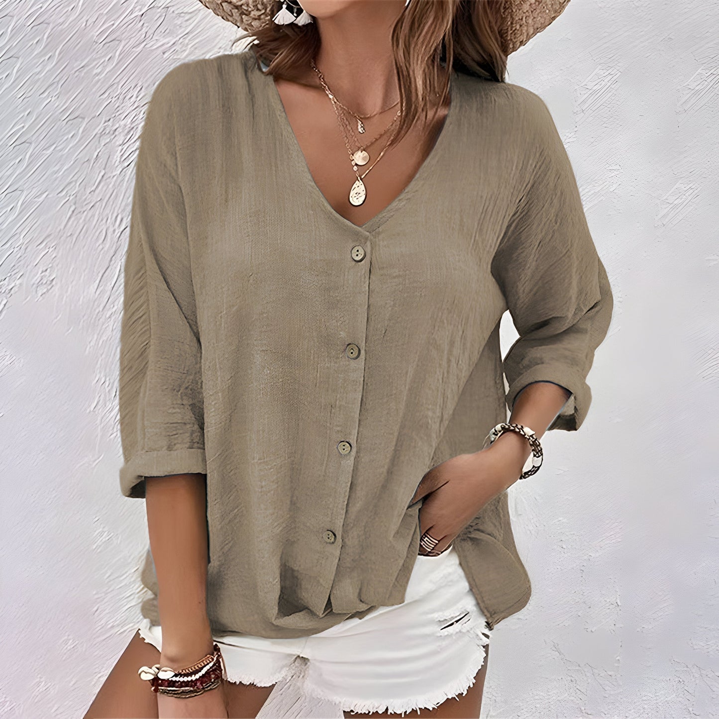 Button-Up Blouse | Relaxed V-Neck Roll Sleeve Top