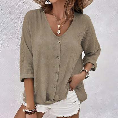 Button-Up Blouse | Relaxed V-Neck Roll Sleeve Top