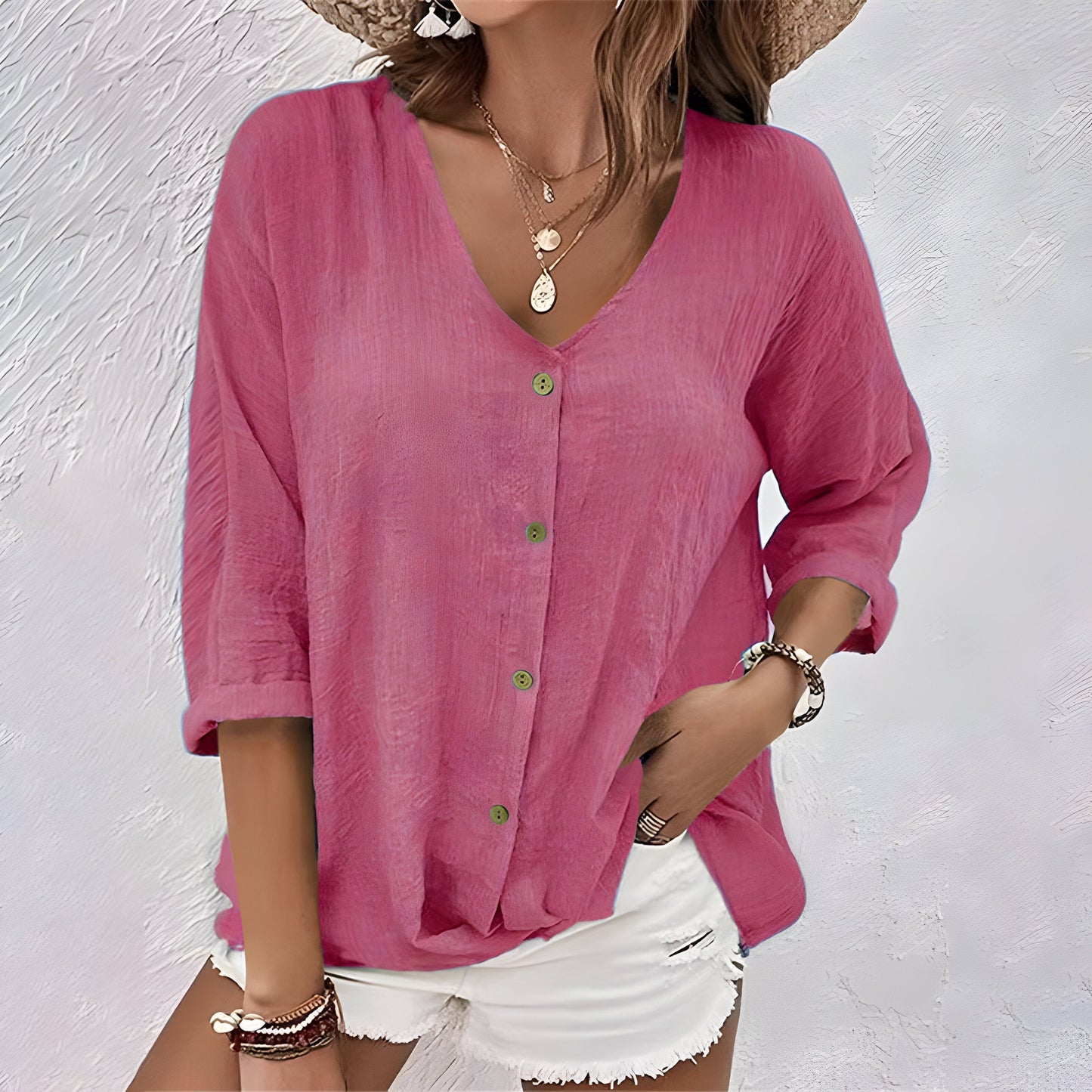 Button-Up Blouse | Relaxed V-Neck Roll Sleeve Top