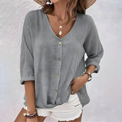 Button-Up Blouse | Relaxed V-Neck Roll Sleeve Top