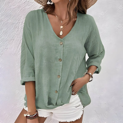 Button-Up Blouse | Relaxed V-Neck Roll Sleeve Top