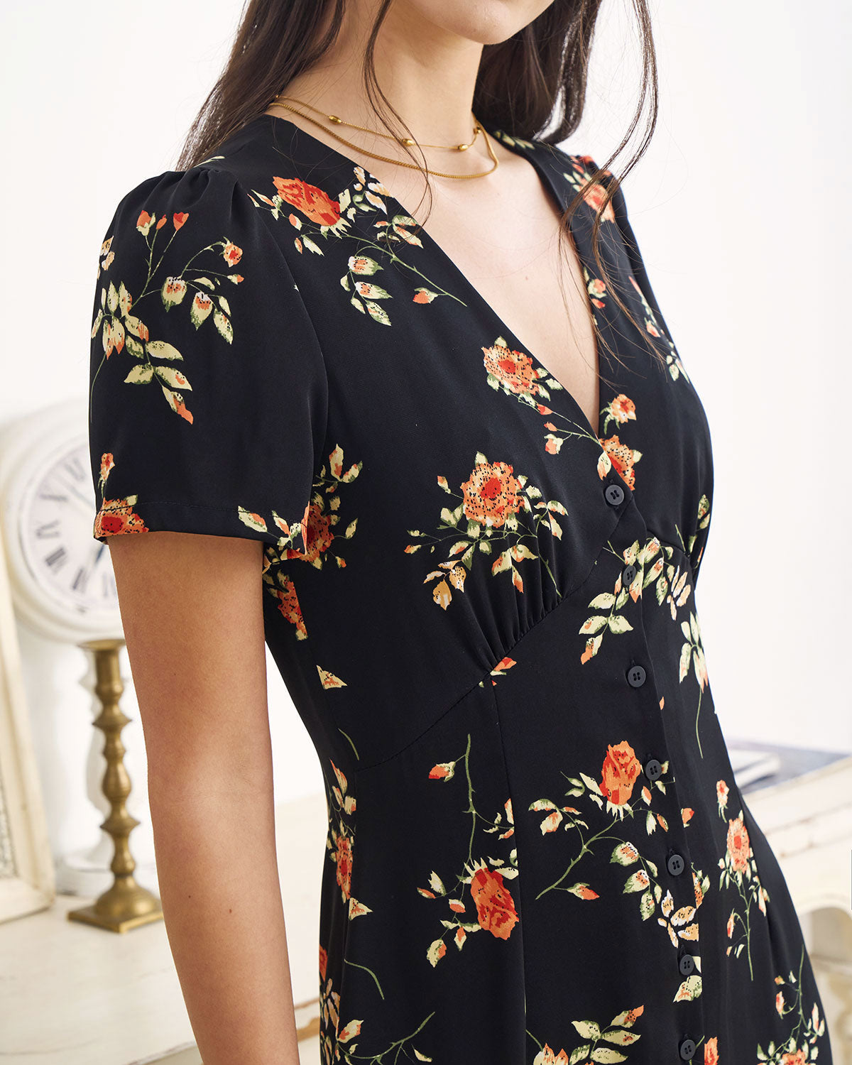 Women's Dress | Floral V-Neck Short-Sleeve Maxi Dress