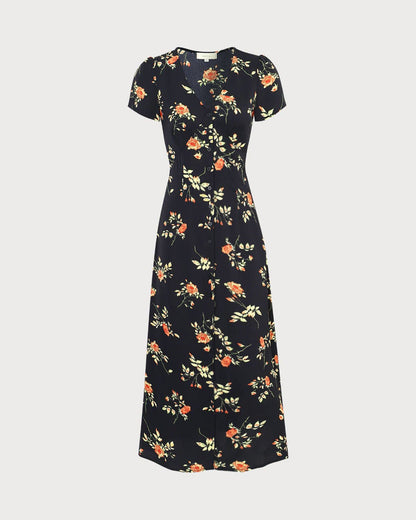 Women's Dress | Floral V-Neck Short-Sleeve Maxi Dress