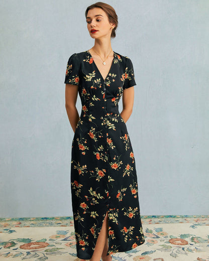 Women's Dress | Floral V-Neck Short-Sleeve Maxi Dress
