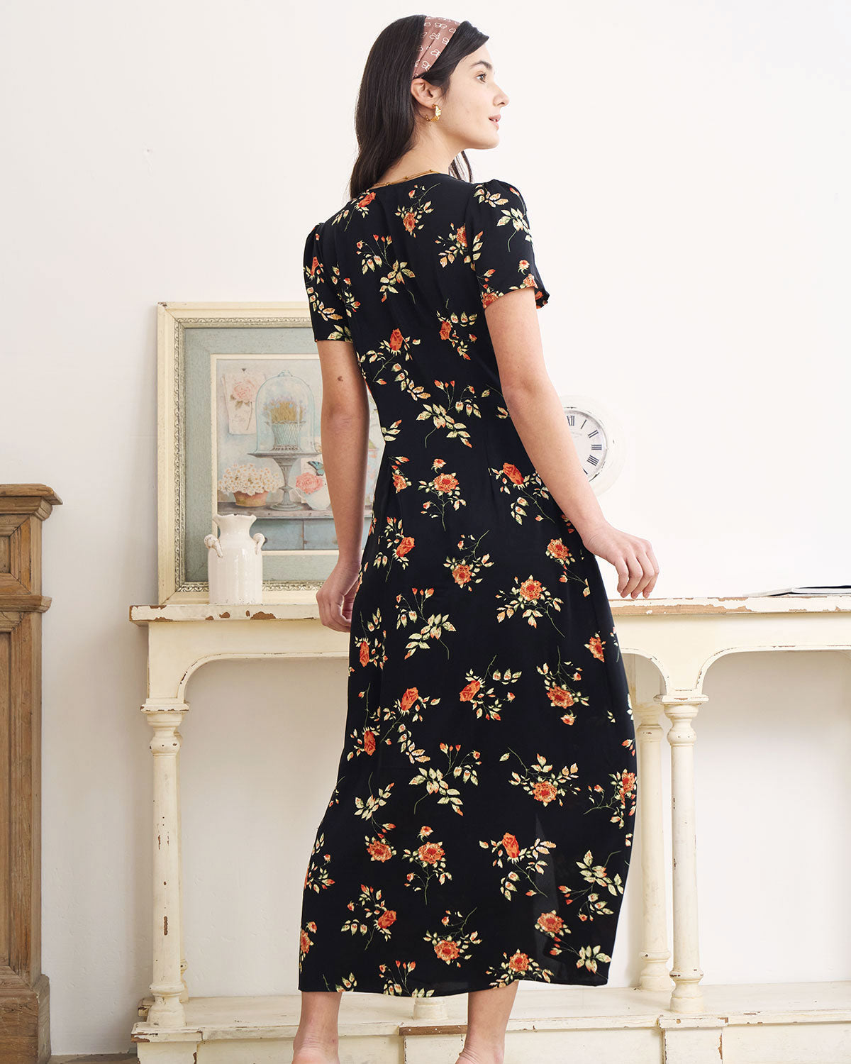 Women's Dress | Floral V-Neck Short-Sleeve Maxi Dress
