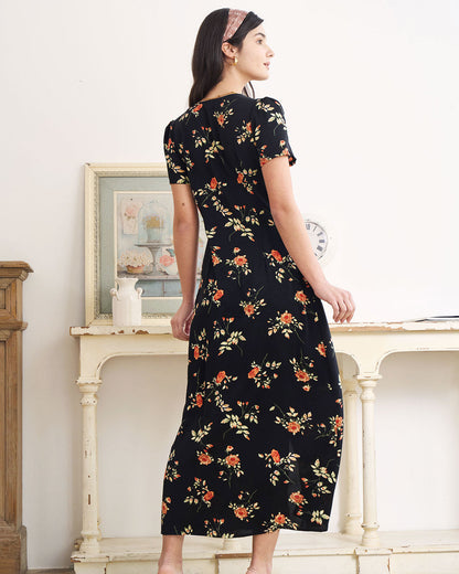 Women's Dress | Floral V-Neck Short-Sleeve Maxi Dress