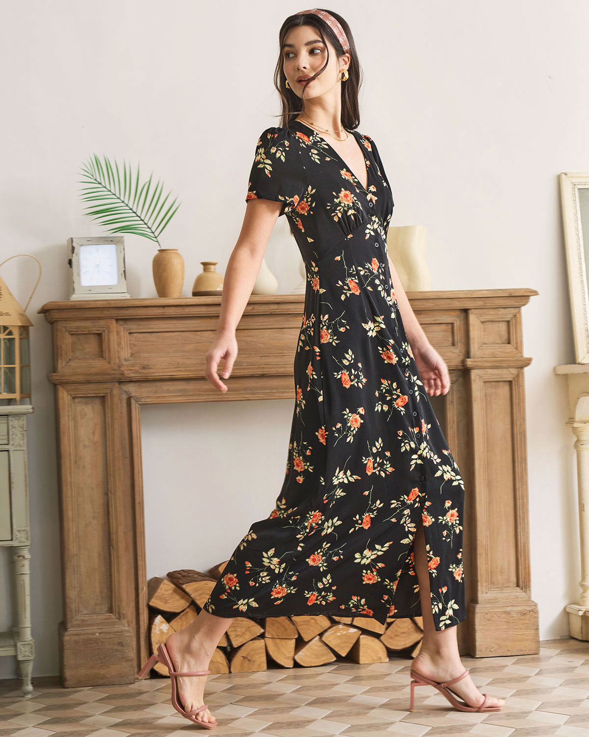 Women's Dress | Floral V-Neck Short-Sleeve Maxi Dress