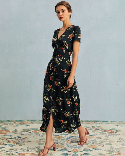 Women's Dress | Floral V-Neck Short-Sleeve Maxi Dress