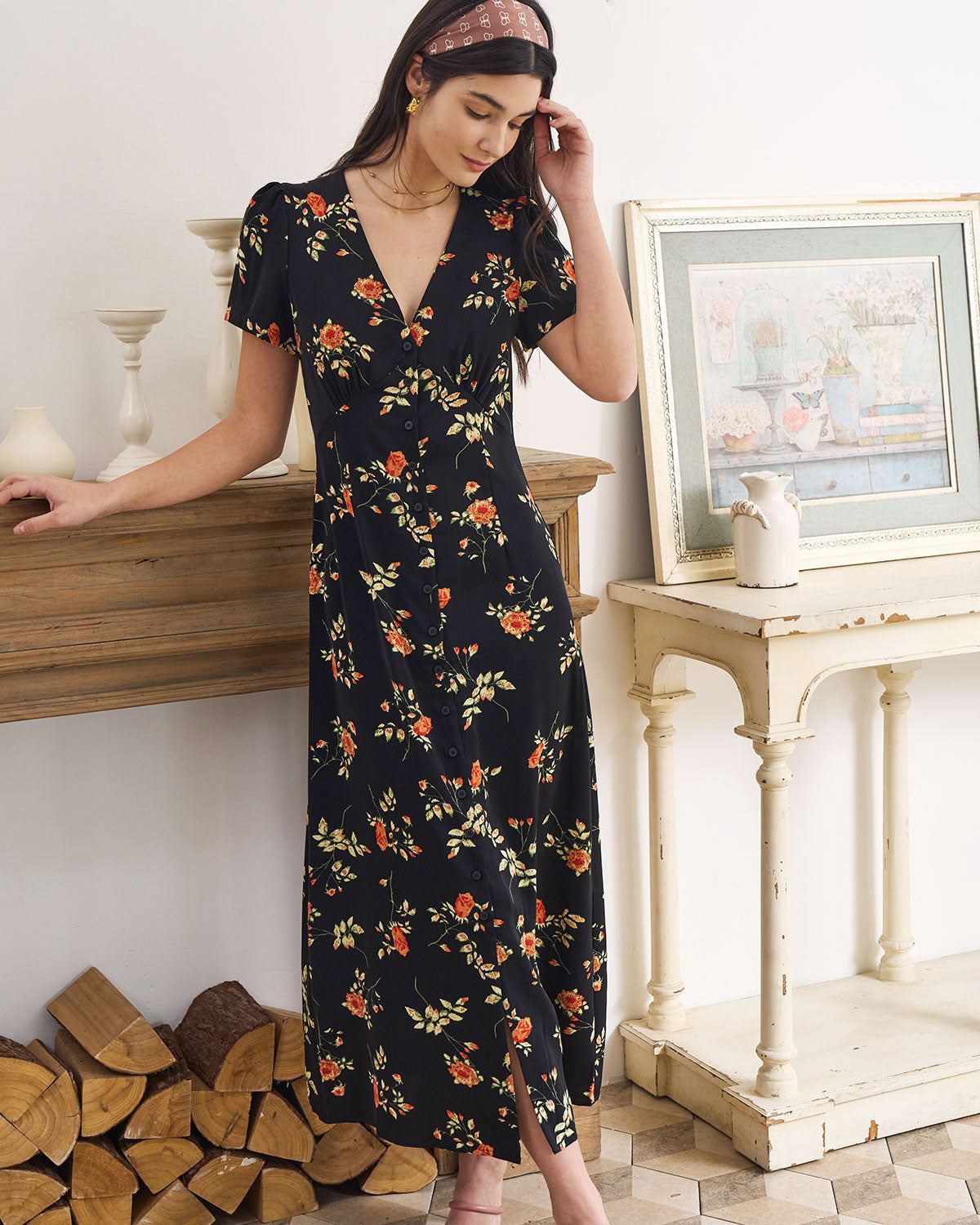 Women's Dress | Floral V-Neck Short-Sleeve Maxi Dress