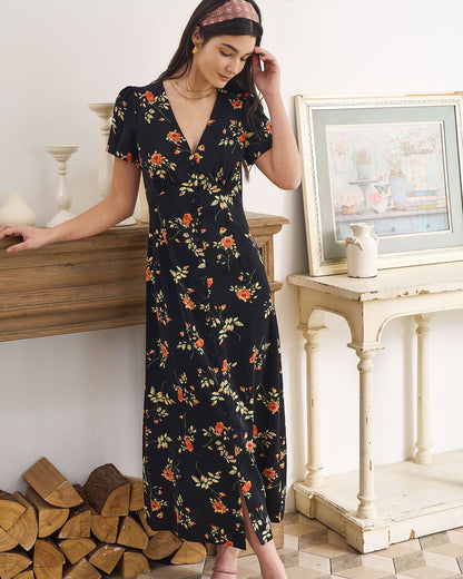 Women's Dress | Floral V-Neck Short-Sleeve Maxi Dress