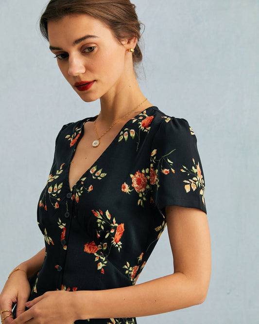 Women's Dress | Floral V-Neck Short-Sleeve Maxi Dress
