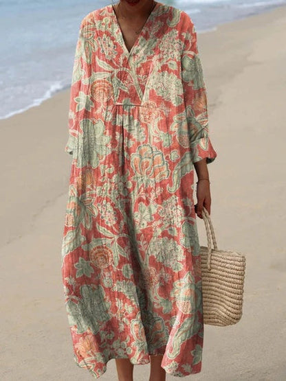 Women's Dress | Vintage Floral Cotton Dress with Pockets