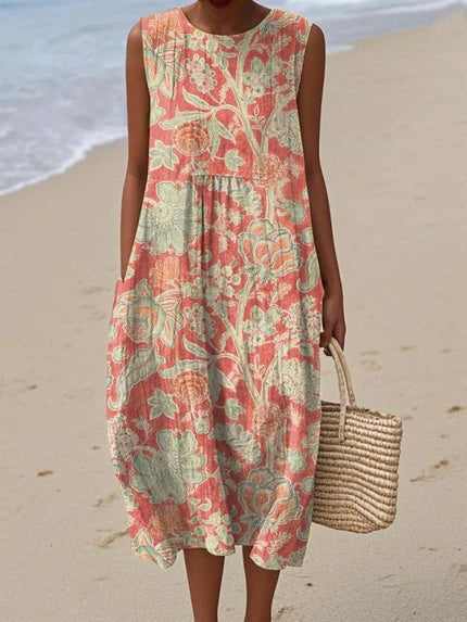 Women's vintage floral cotton dress in a sleeveless cut