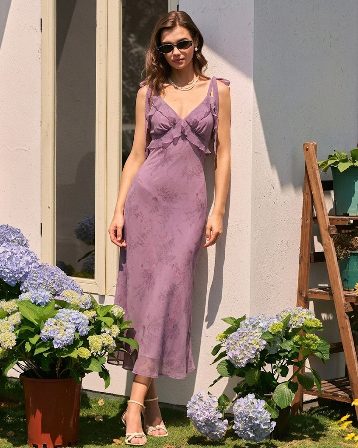 Women's Dress | Floral Ruffle Tie-Strap Midi Dress