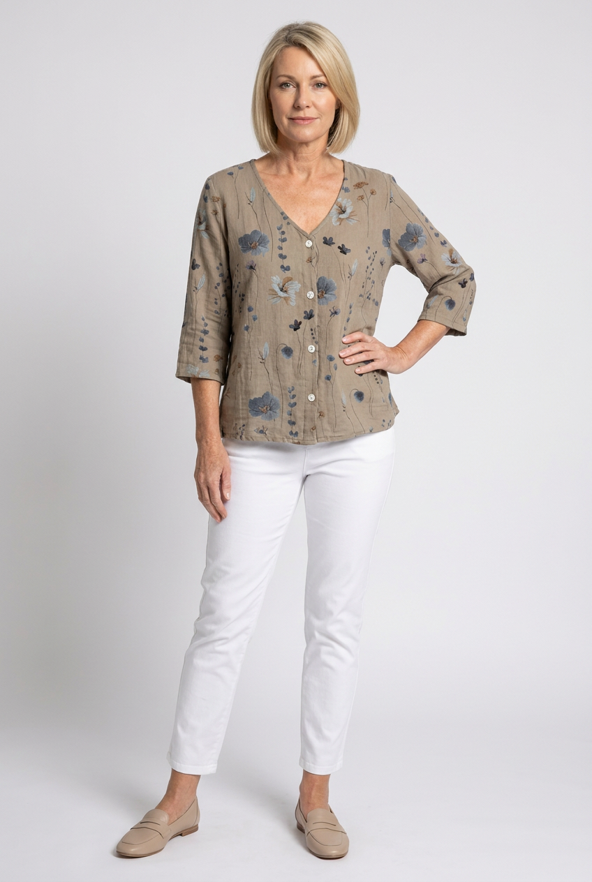 Floral Blouse | V-Neck Three-Quarter Sleeve Linen Top